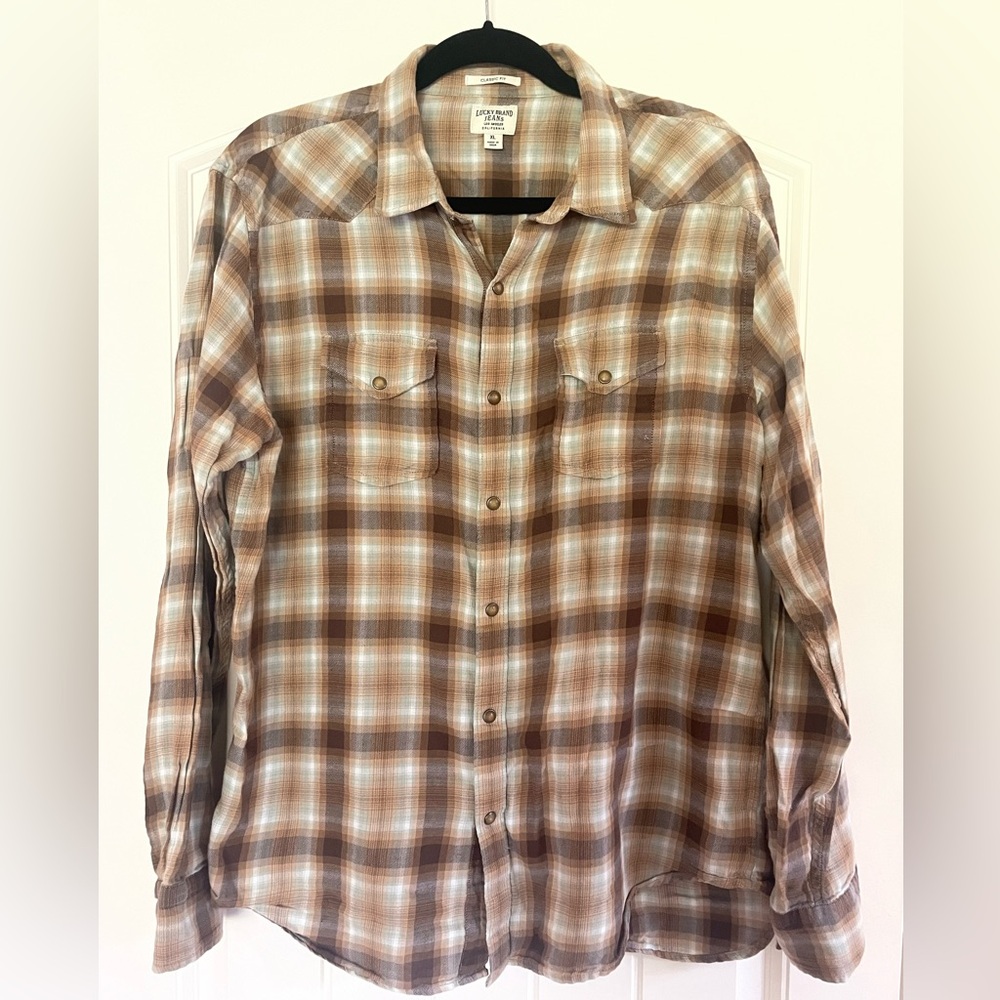 Lucky Brand Men's Brown Plaid Shirt with Pearl snaps